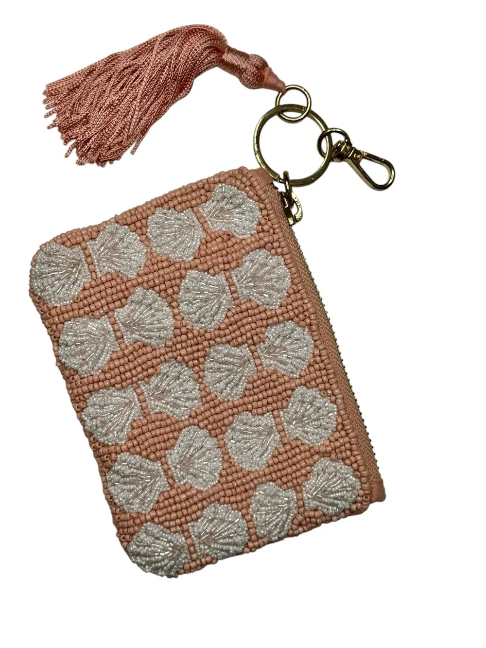 🐚✨ NWT Anthropologie Fiona Beaded Coin Purse Pink Shell Keychain Tassel 🎀